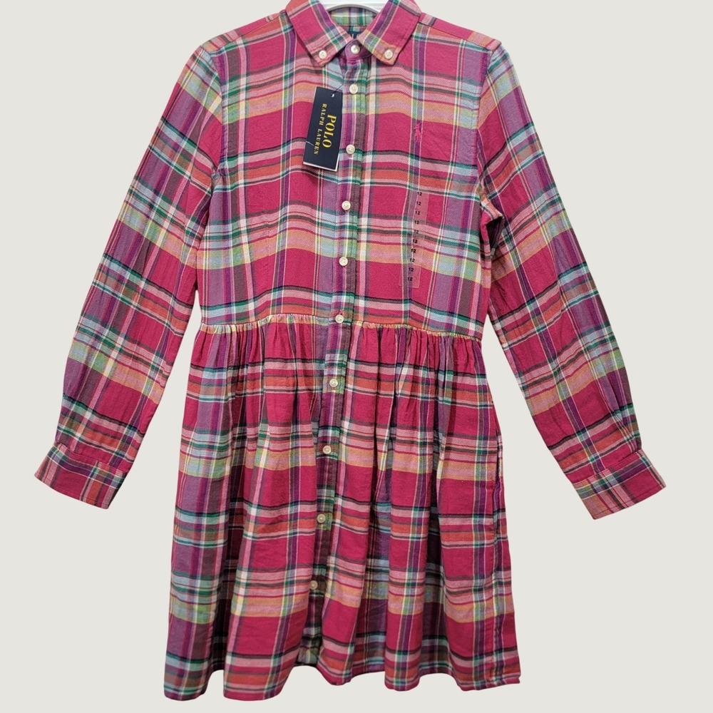 Polo Ralph Lauren Shirt Dress Girls 12 Pink Plaid Flannel Madison Preppy NWT